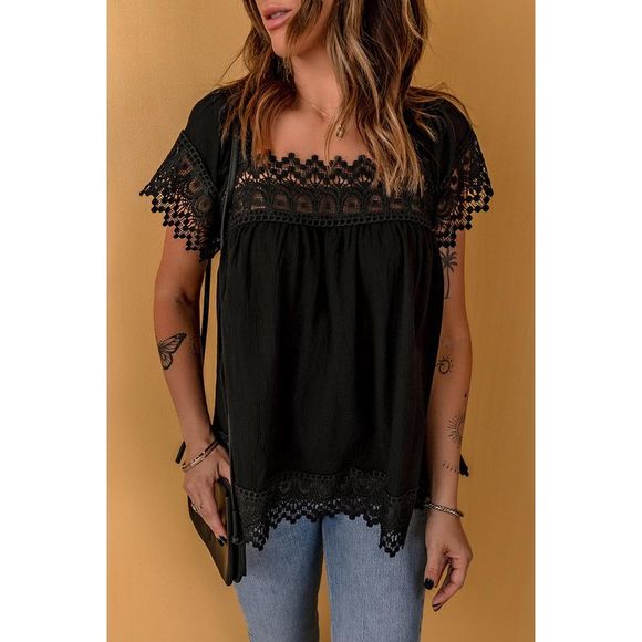 Azura Exchange  Black Lace Pom Pom Splicing Square Neck Blouse - Picture 3 of 7